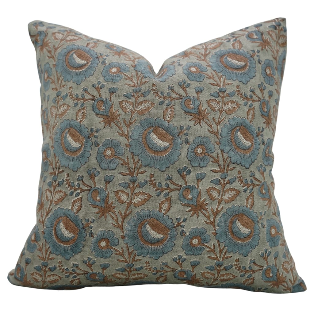 Fabdivine Thick Linen Cushion Cover for Sofa, Chair, Dining or Bedroom Blue Hand Block Print Throw Pillowcase, Sun Flower