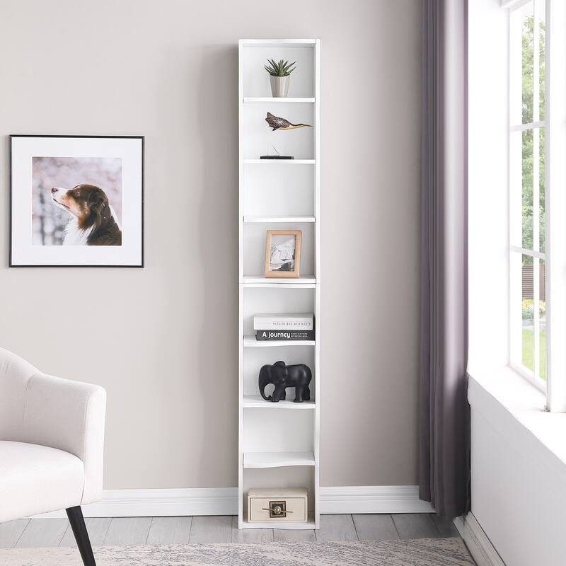 Roomfitters 8-Tier Tall Narrow Bookcase with Wavy Edge Design, Adjustable Shelves Slim Bookshelf for Living Room or Office