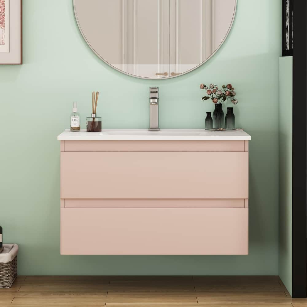 32 Inch Floating Bathroom Vanity with One-piece Ceramic Sink, Wall Mounted Cabinet with 2 Drawers