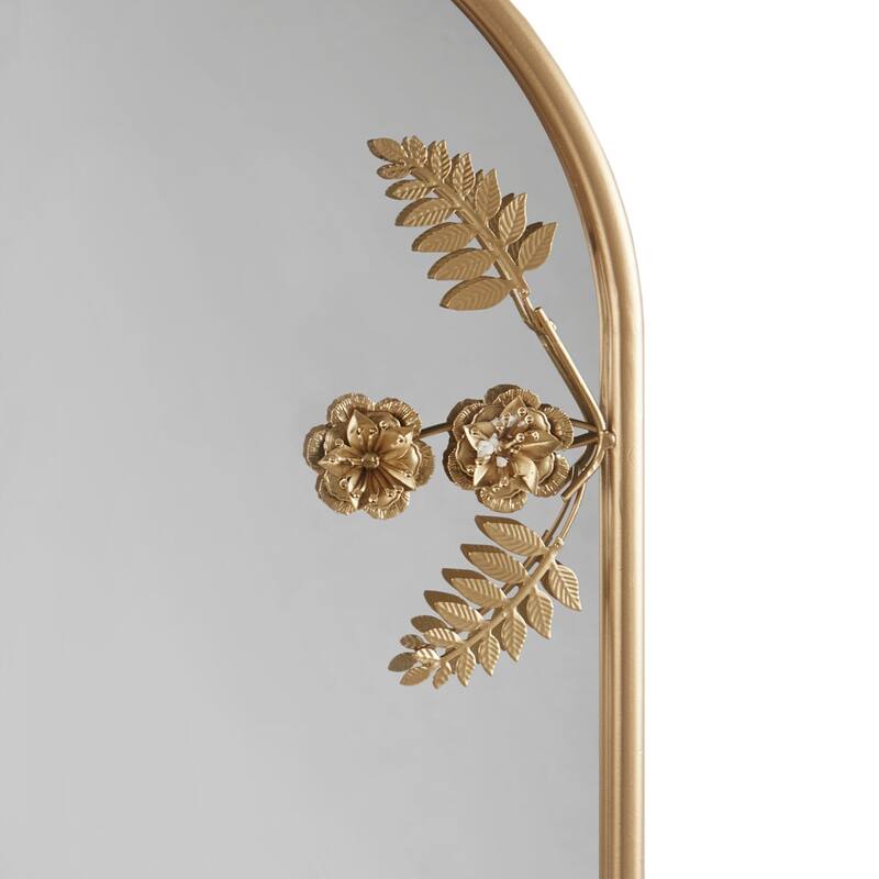 Arched Wall Mirror with Floral Metal Frame 25.75 Inch Height - Gold