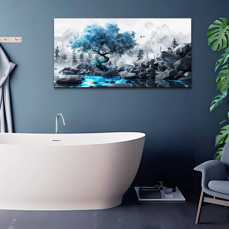 Black And White Ink Landscape Painting Blue Tree Wall Pictures Artwork