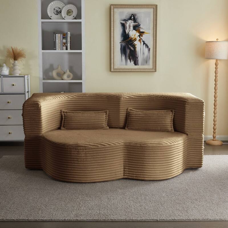 Modern 78" Full Size Convertible Corduroy Foam-Filled Sleeper Sofa,Modern Floor Sofa with 2 Pillows - Camel