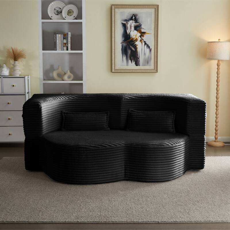 Floor Sofa With 2 Pillows,Convertible Plush Corduroy Foam-Filled Sleeper Sofa Bed,15" Full Size Folding Mattress,Guest Bed