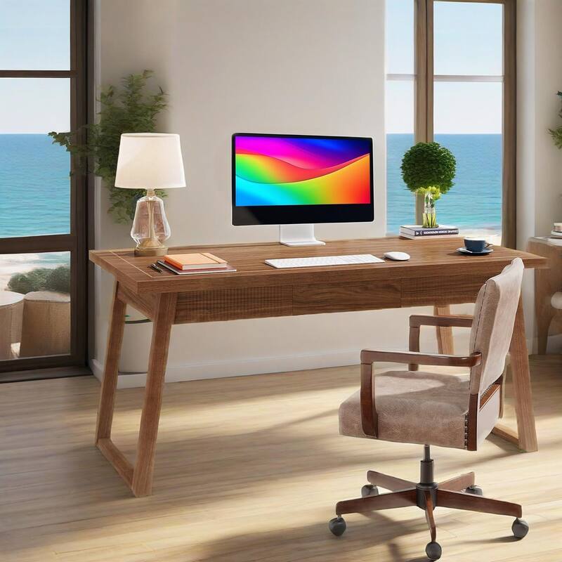55" Mid-Century Modern Walnut Brown Office Desk with Drawer Solid Wood Legs & Wood Grain Veneer Computer Table - Brown