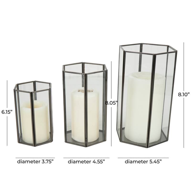 CosmoLiving by Cosmopolitan Clear Metal Hexagon Shaped Geometric Indoor Outdoor Candle Lantern with Clear Glass (Set of 3)