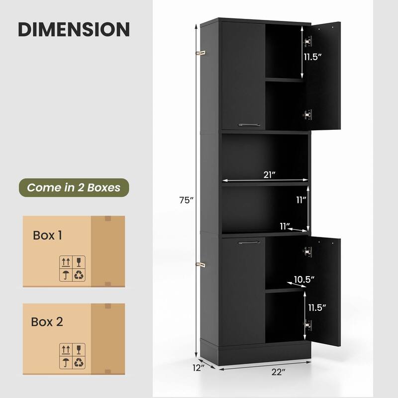 Costway 75" Tall Bathroom Storage Cabinet with 4 Doors & 2 Open - See Details