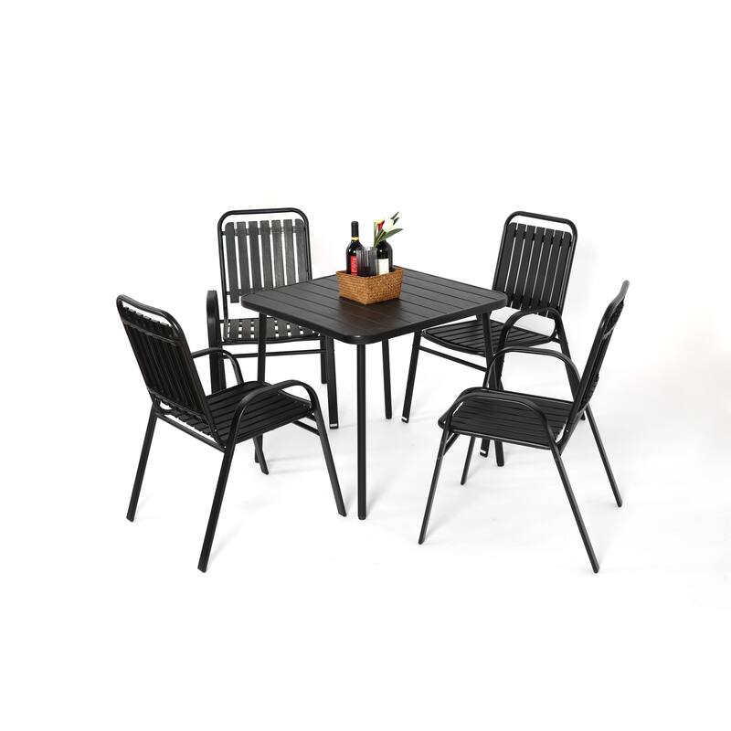 5 Piece Outdoor Dining Table Set, All Weather Outdoor Table and Chairs Set with Square Metal Dining Table with Plastic Chair