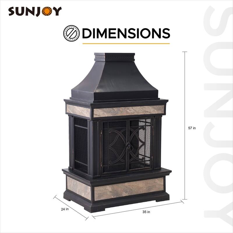 Sunjoy Smith Collection Outdoor Patio Wood Burning Steel Fireplace with Chimney, Spark Screen, Fire Poker, and Removable Grate