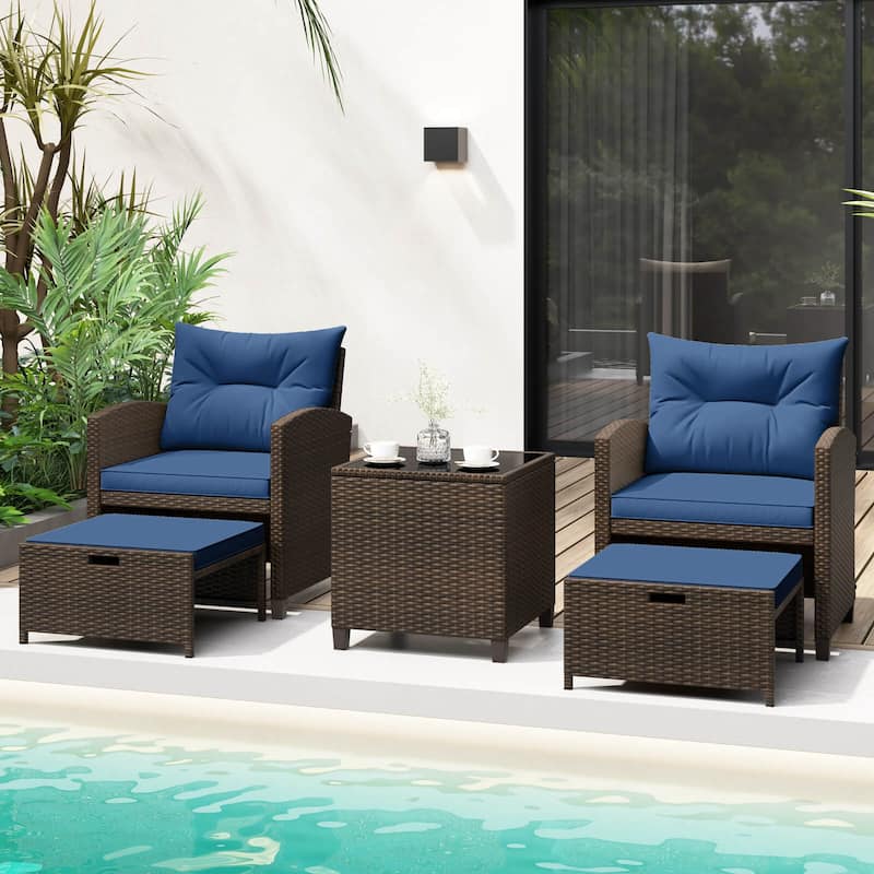 Costway 5 Piece Patio Rattan Furniture with 2 Ottomans & Tempered - See Details - Navy