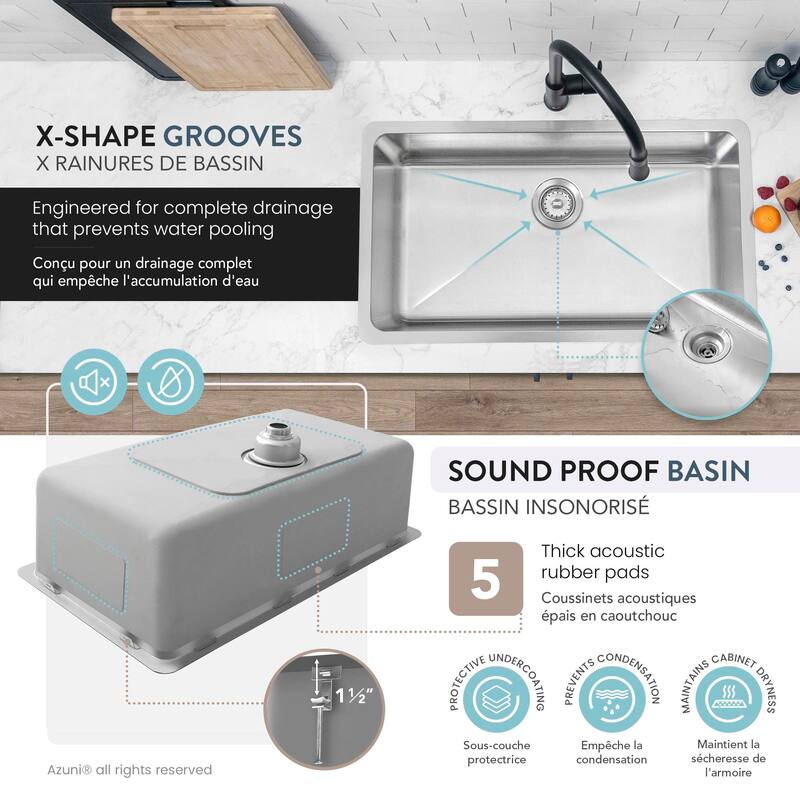 AZUNI Dual Mount 32" Single-Bowl Stainless Steel Kitchen Sink C132 - 32" x 18" x 9"