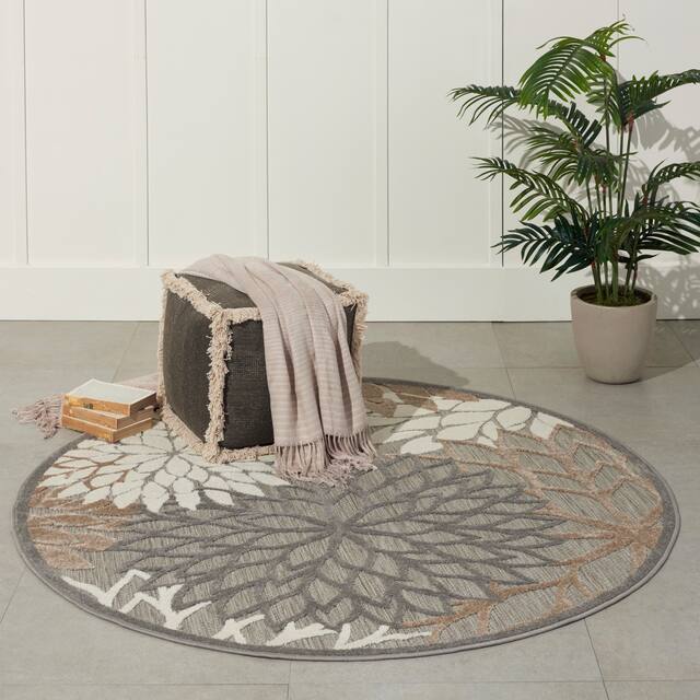 Nourison Aloha Floral Modern Indoor/Outdoor Area Rug - 4' Round - Cream/Grey