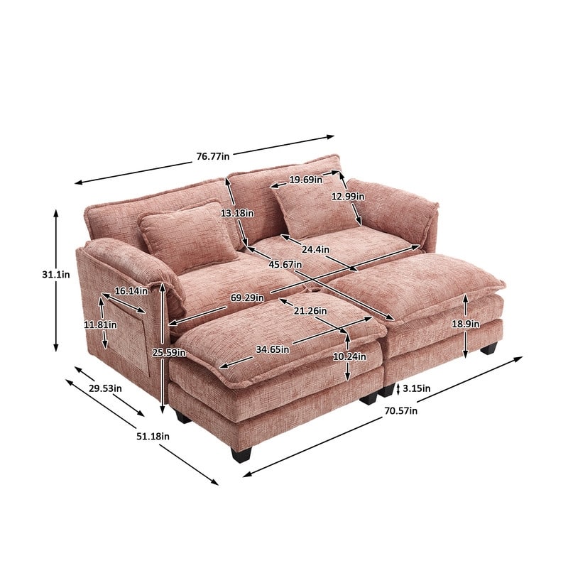 76.77" Chenille Upholstered Sofa with 2 Ottomans