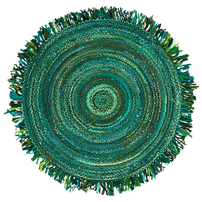 SAFAVIEH Handmade Braided Samya Country Cotton Rug with Fringe - 5' Round - Green