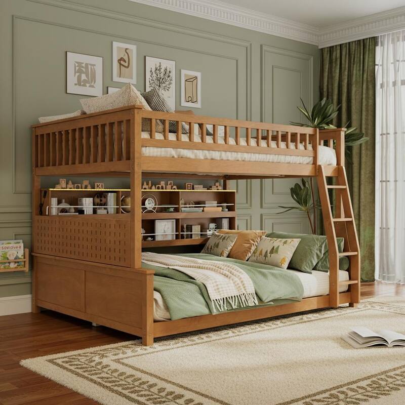 Convertible Bunk Bed with LED Storage Wall & Pegboard by Harper&Bright Designs - Brown - Queen