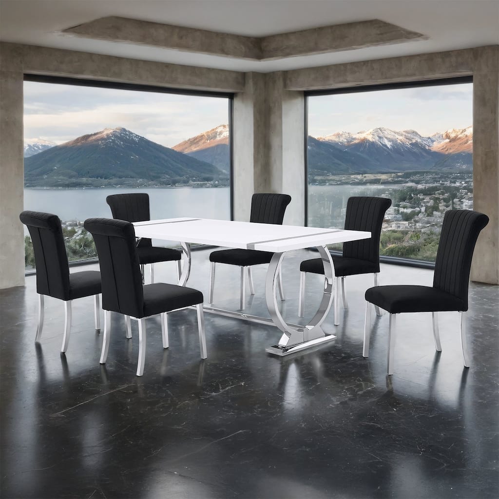 Modern 7PC Dining Set Silve Black Finish Trestile Base Table and Side Chairs