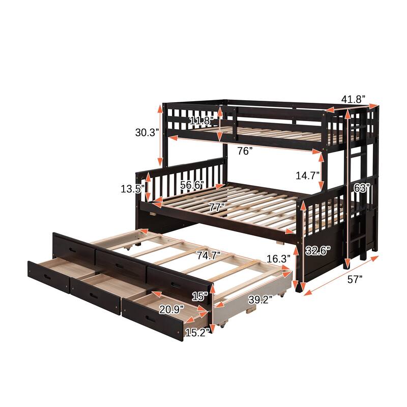 Wooden Twin-Over-Full Detachable Bunk Bed with Twin Trundle & Drawers