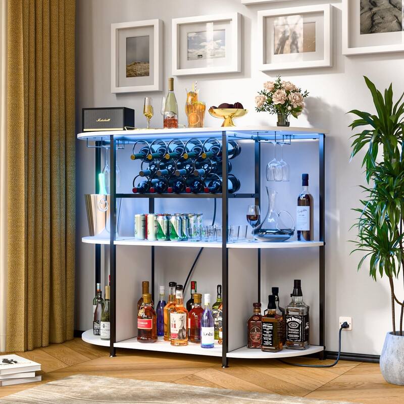 BOSSIN Wine Rack with Power Outlet and LED Lights, Home Bar Table Cabinet for Liquor with Fireplace,4-Tier Storage Glass Holder