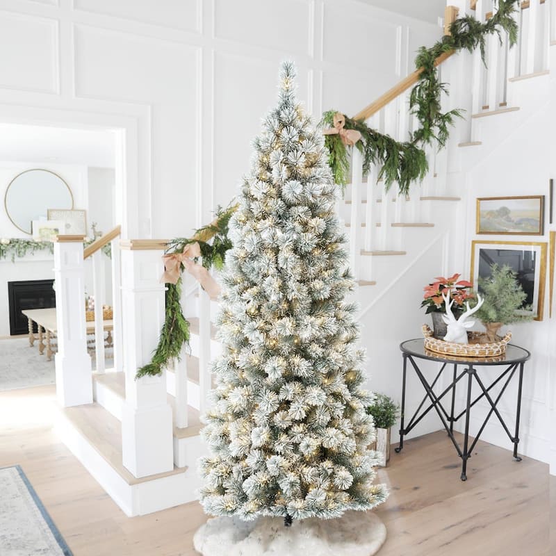 Glitzhome 6FT/7.5FT/9FT Warm White or Multi-Colored Pre-Lit Flocked Pine Artificial Christmas Tree - 7.5ft Pencil Pine with 350LEDs