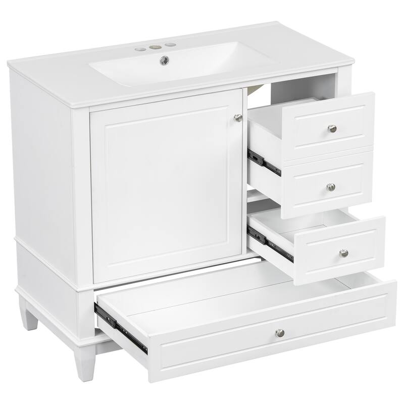 36" Bathroom Vanity with Ceramic Sink - MDF & Solid Wood Base, 3 Drawers & Storage Cabinet, Freestanding Design, 4" Faucet Holes