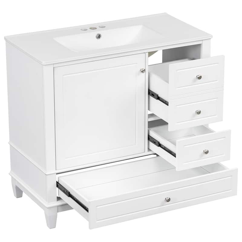 36"Bathroom Vanity with Ceramic Sink, 3 Drawers & Cabinet with Shelves, Freestanding Vanity Cabinet with 4-Inch Faucet Holes