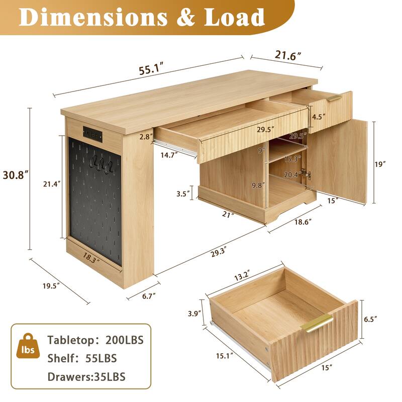 Roomfitters 55" Modern Fluted Office Desk with Charging Station, Storage Cabinet & Pegboard