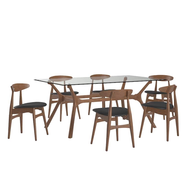 Nadine Dark Walnut Finish Glass Table Top Rectangular Dining Set - Curved Back Chairs by iNSPIRE Q Modern - 7 Piece - Black