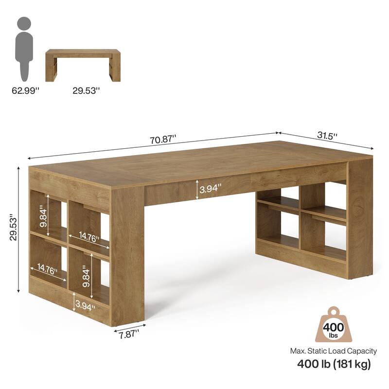 70.87-Inch Executive Desk with Storage Shelves, Wooden Large Office Computer Desk for Home Office