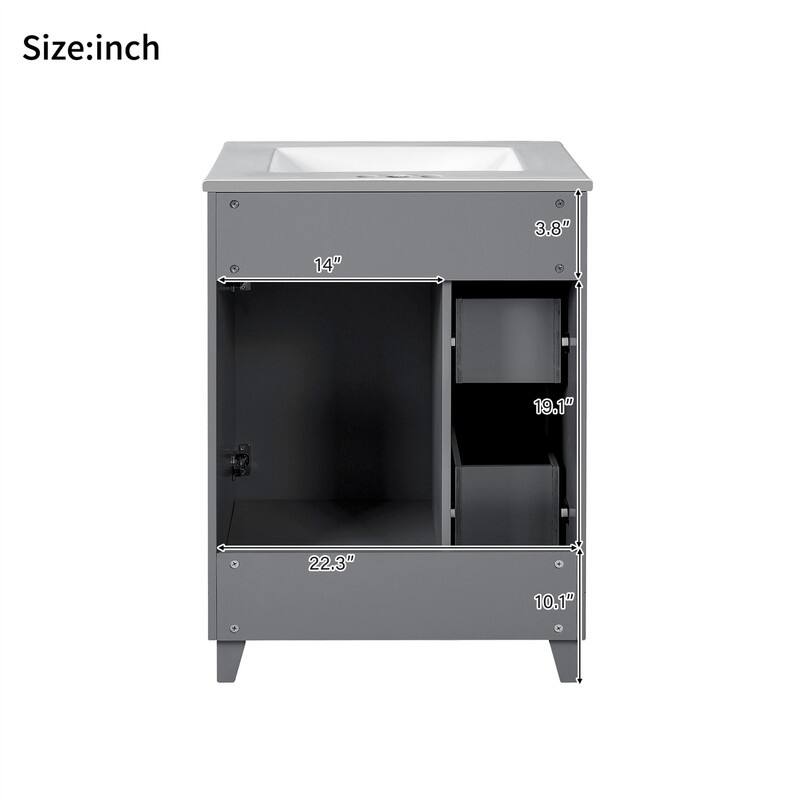 24'' Bathroom Vanity with Ceramic Sink Top, Freestanding Bathroom Vanity Cabinet with 1 Soft Close Door and 2 Storage Drawers