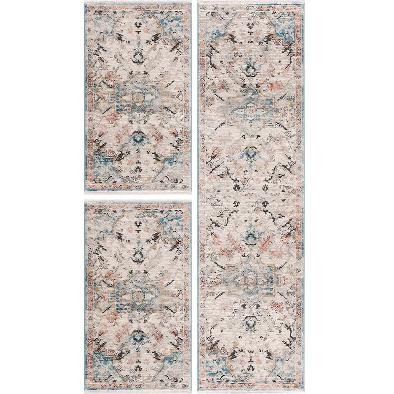 Traditional Persian Oriental Distressed Teal Turquoise Ivory Grey Orange Area Rug