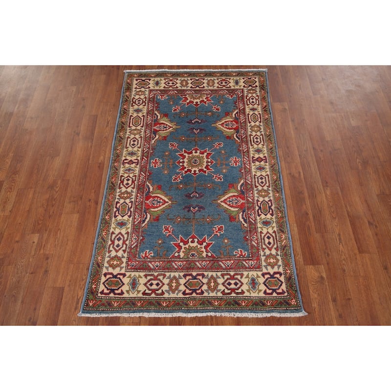 Blue Geometric Kazak Oriental Foyer Rug Handmade Wool Carpet - 2'11" x 4'11"