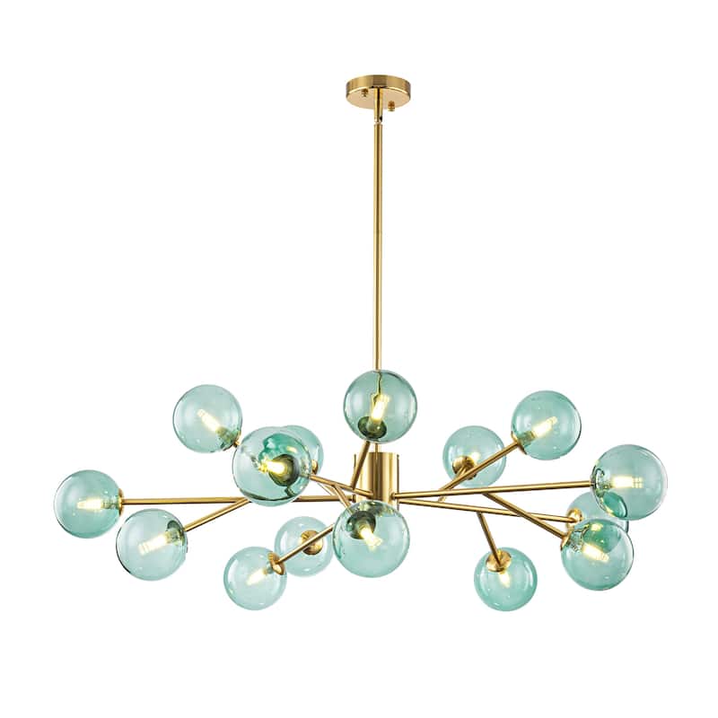 15-Light Modern Glam Linear Sputnik Green Glass Globe Bubble Chandelier for Living Room