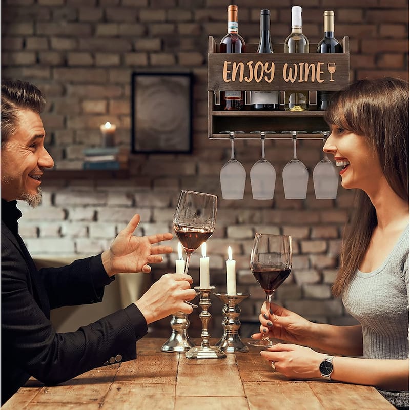 "Enjoy Wine" Wall Mounted Wine Rack - Unique Wine Gifts - 4 Wine Glasses Included