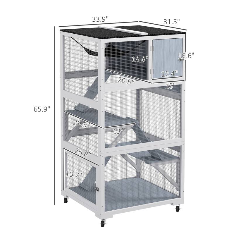 PawHut Catio, Outdoor Cat Enclosure House, Wooden Feral Cat Shelter on Wheels, Cat Cage with Hammock, Platforms Ramps