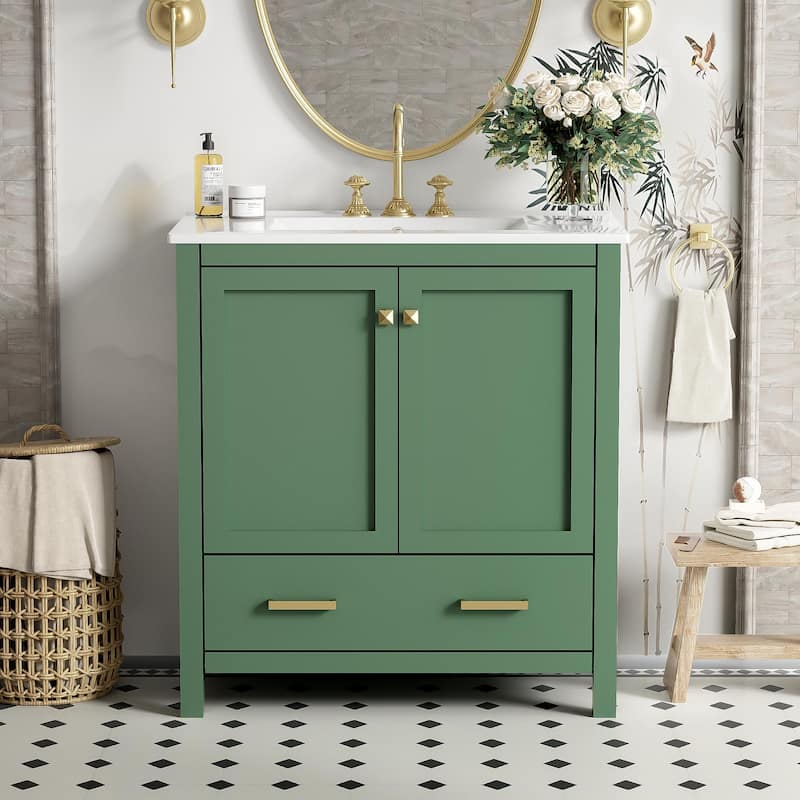 GDFStudio - Aurora Wood Bathroom Vanity Set with Ceramic Sink and Divided Drawers - 30" - Green