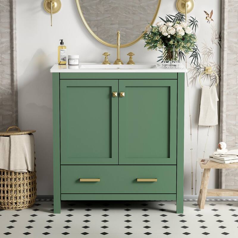 Roomfitters 30 Inch Bathroom Vanity with Single Ceramic Sink, Soft-Close Doors, Divided Drawer & Storage Cabinet, Green