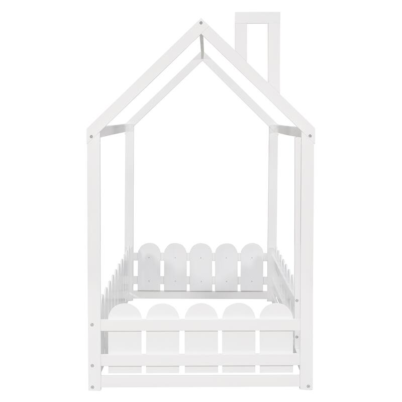 Twin Size Wood House Bed Frame with Fence for Kids and Teens, White