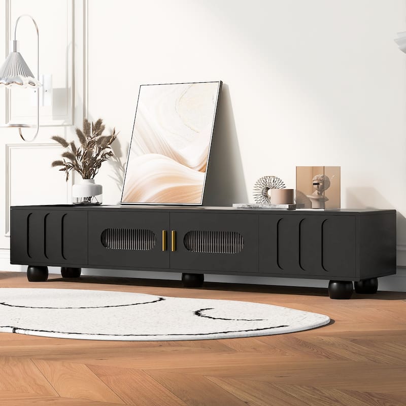 Roomfitters Modern TV Stand for up to 80 Inch TV, Storage Cabinet with Glass Door, Wood Legs and Metal Handles, Black - Black
