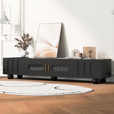 Wood Entertainment Center,Storage TV Stand with Glass Door, 2 Drawers and Metal Handles