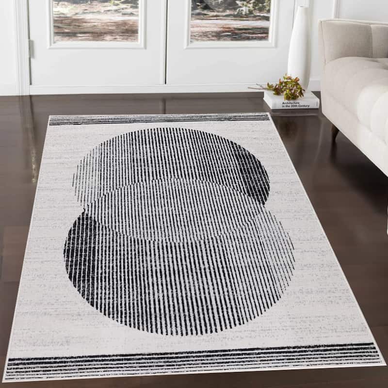 Dream Collection Abstract Circles Black and Grey Rug