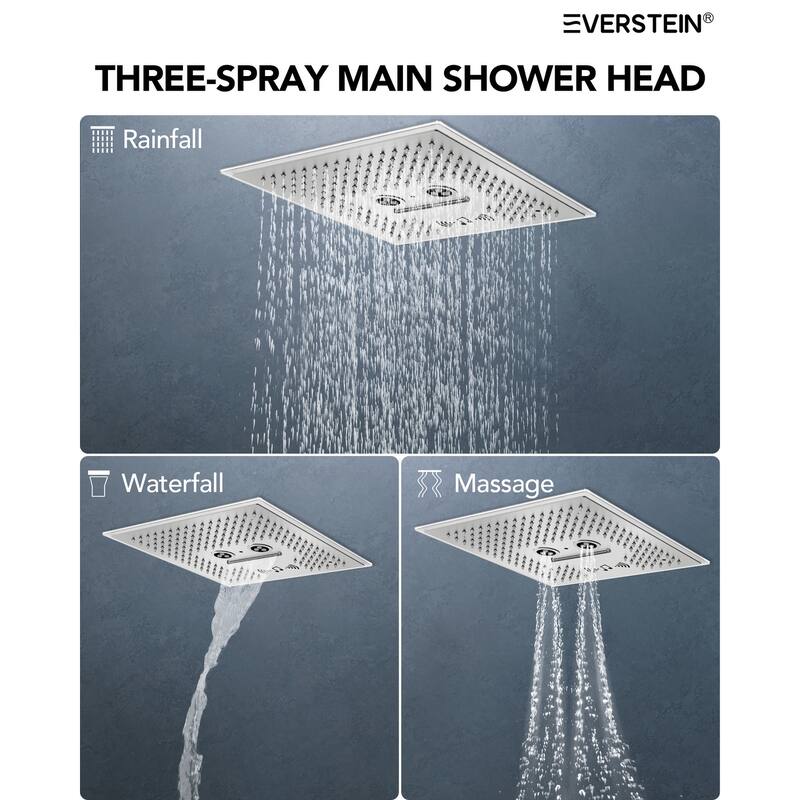 Shower Faucet System 16" Ceiling Mount Shower Head 3 Spray Modes Body Jets Handheld Spray with Slide Bar LED Music