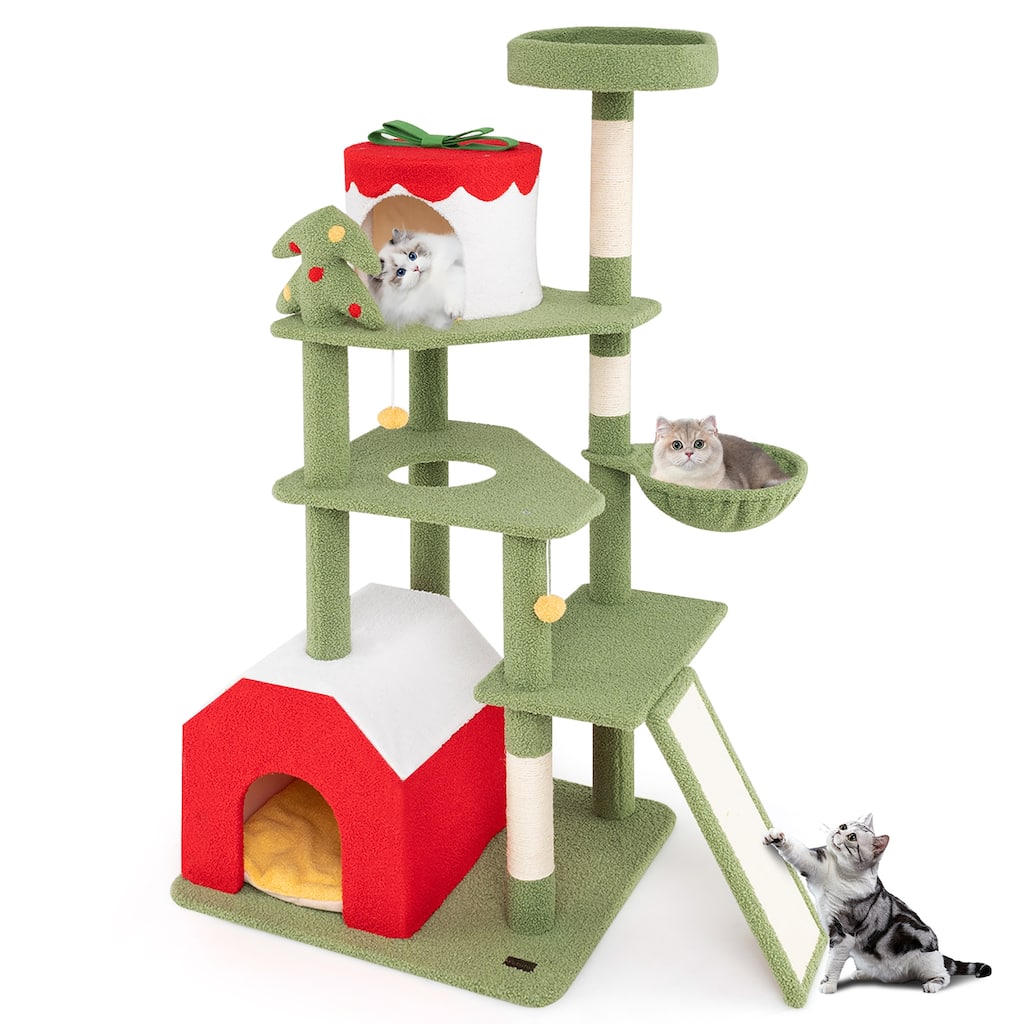 Gymax 61'' Tall Christmas Cat Tree w/ Sisal Scratching Posts Plush