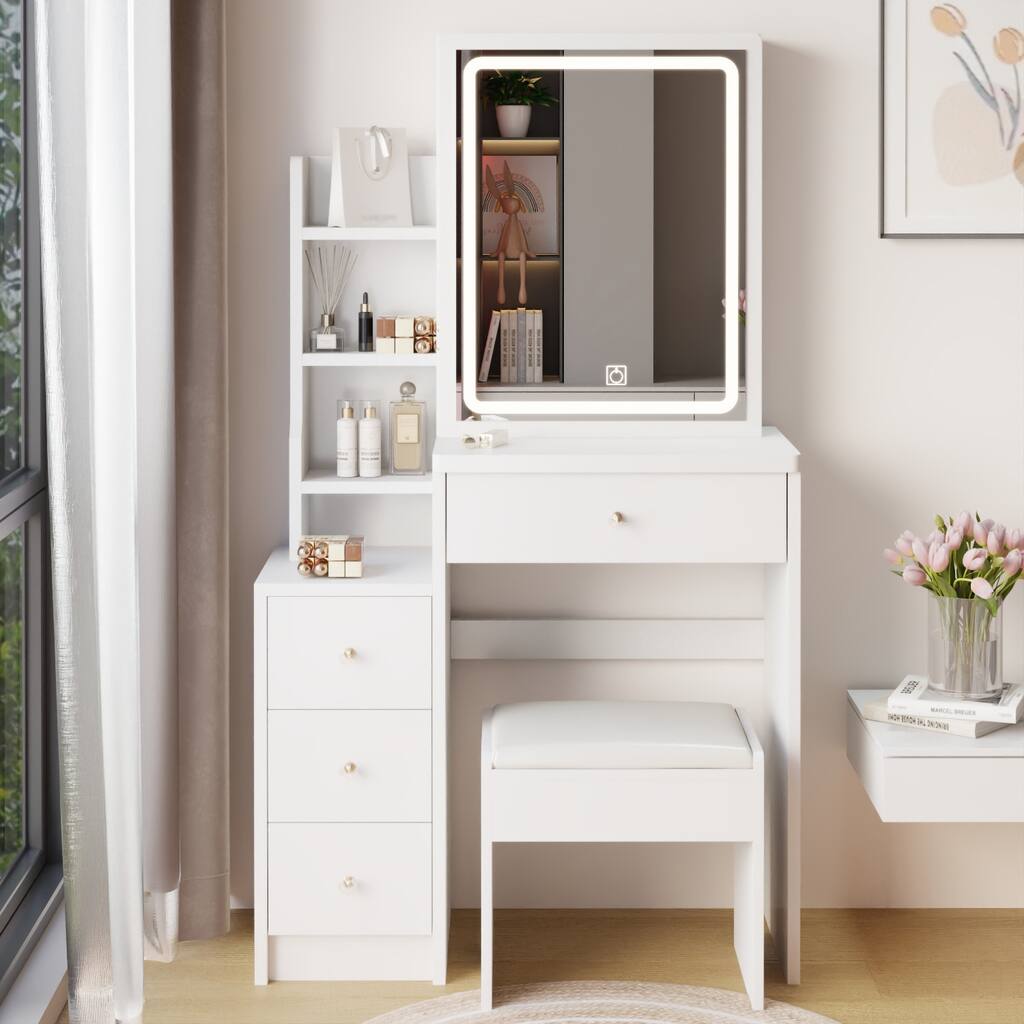 Make-Up Vanity Table and Stool with Brightness Adjustable LED Mirror