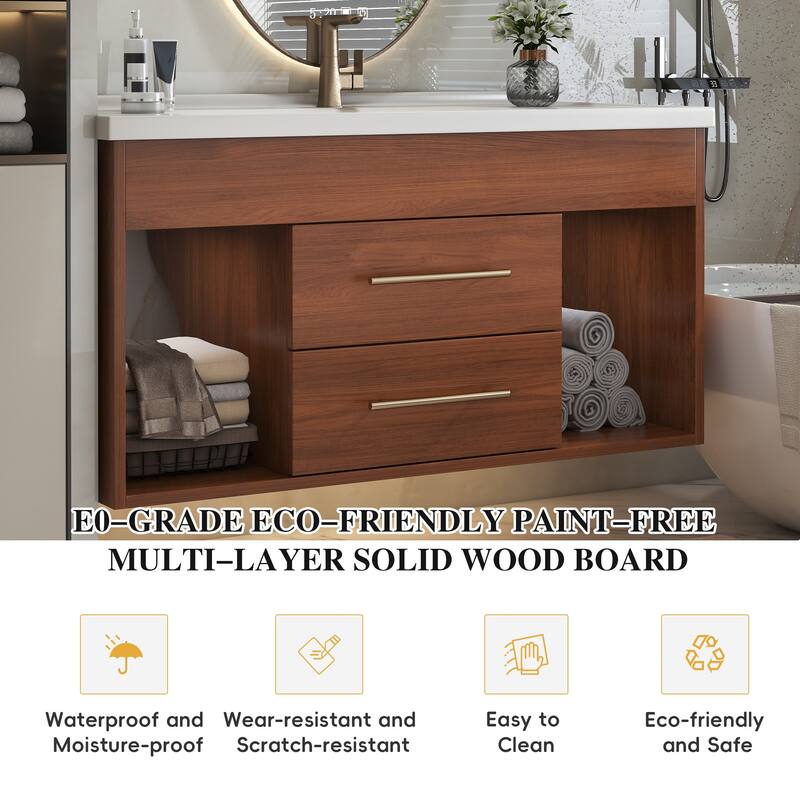 GDFStudio - Luxury 35.4" Floating Sintered Stone Bathroom Vanity with Ceramic Sink & Soft-Close Drawers