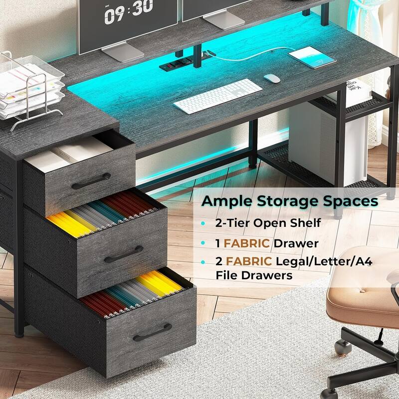 Office Desk 3 Fabric Drawers Computer Desk LED Lights & Power Outlet