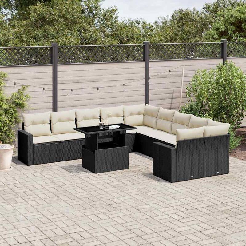 vidaXL Patio Sofa Set with Cushions Outdoor Furniture 11 Piece Poly Rattan - 21.7 x 39.4 x 28.7 - Black and Cream