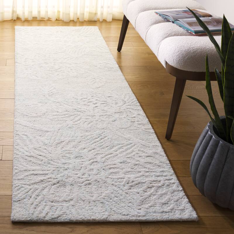 SAFAVIEH Handmade Jardin Katibe Floral Wool Rug - 2'3" x 8' Runner - Light Teal/Ivory