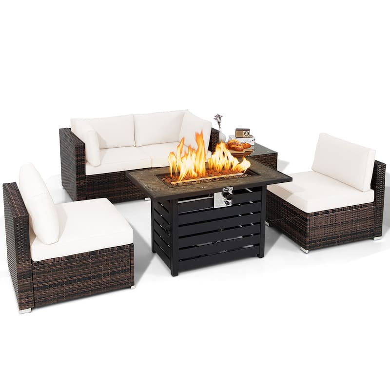 Costway 6PCS Patio Rattan Furniture Set 42'' Fire Pit Table Cover Sofa - See Details