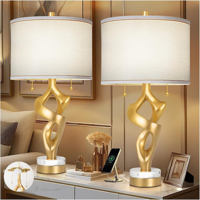 Gold Leaf Finish Rustic Bedside Lamps with S Cluster Pull Chains Switch - gold and beige