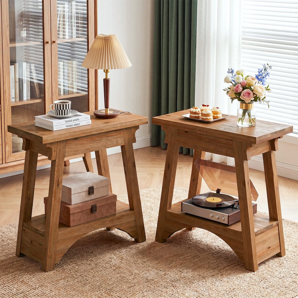 End Table for Living Room, Solid Wood Side Table with Storage