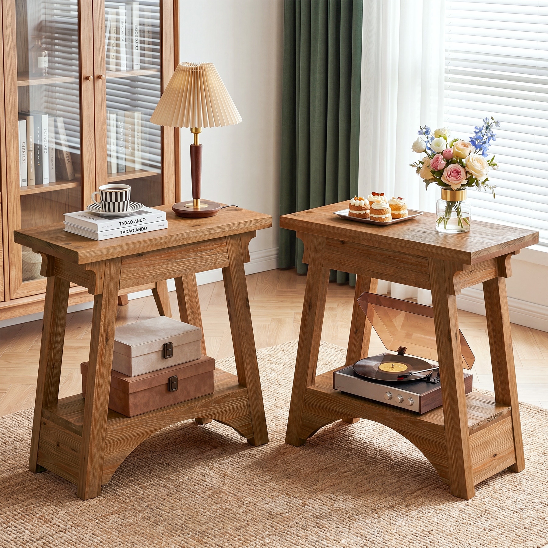 Solid Wood End Table for Living Room, Side Table with Storage, Narrow Nightstand for Bedroom, Small Spaces ( Set of 2 )